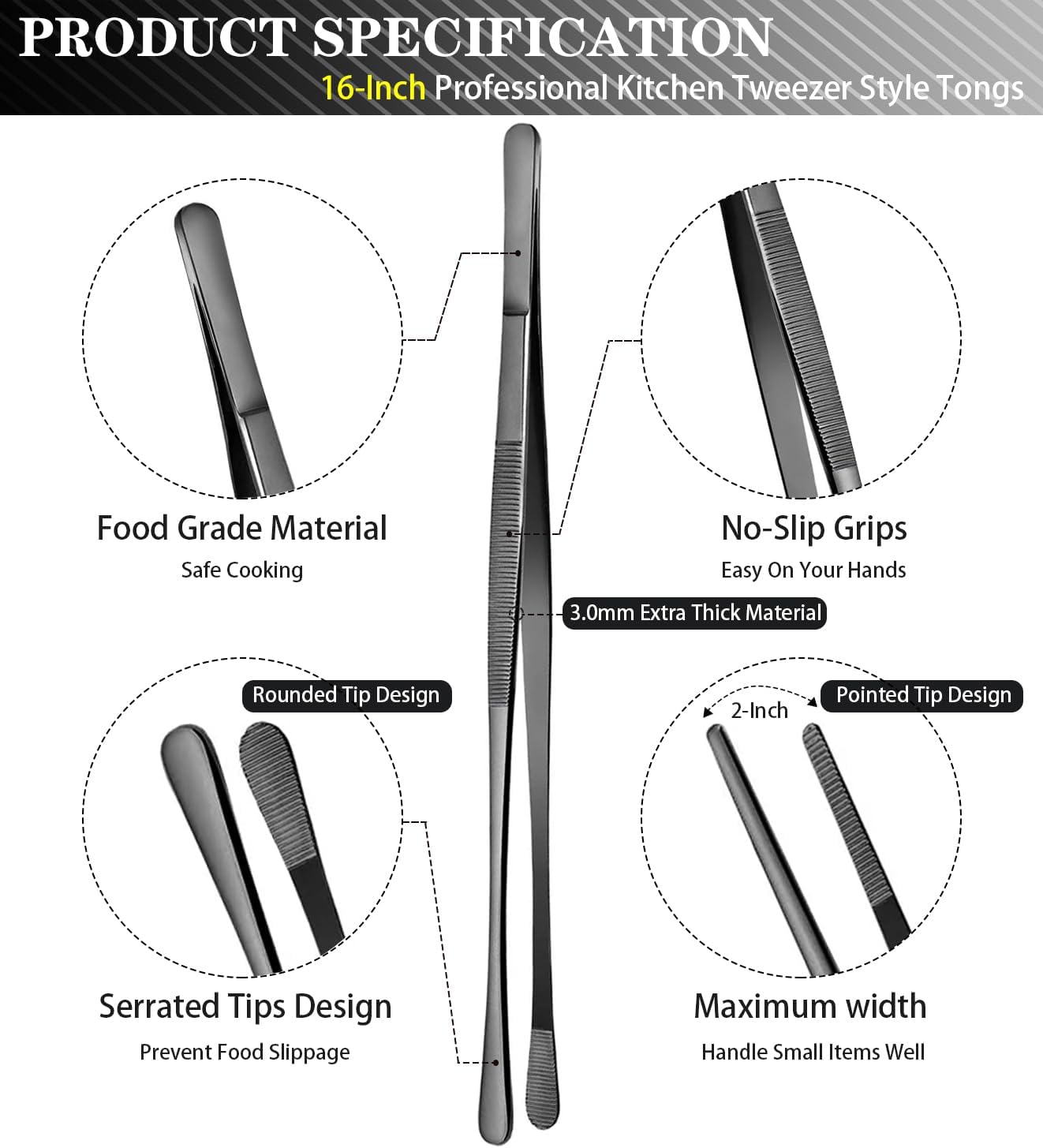 JETKONG 2 Pcs 16-Inch Kitchen Tweezers Tongs with Precision Serrated Tips, Stainless Steel Chef Tweezer Professional Cooking Tweezers for BBQ, Plating and Serving (16-Inch, Black)